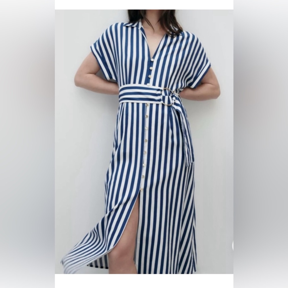 Zara navy Blue and White striped Wrap Midi Dress - belt, Collar button down gold